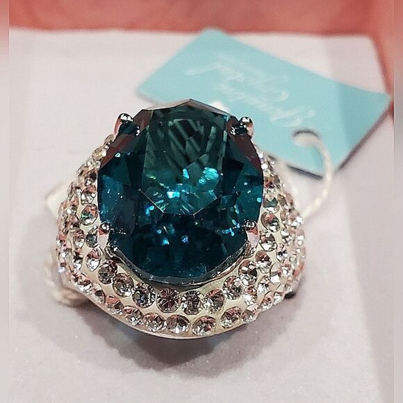 NWT VTG 925 Sterling Silver Aqua Topaz and Genuine Crystals Ring Size 7 - Picture 2 of 7